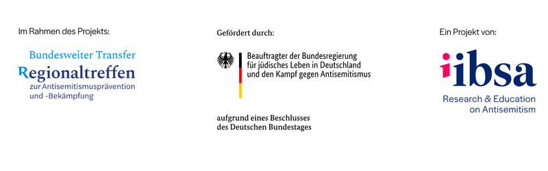 Logos von Projekt, Förderhinweis der Bundesregierung und ibsa Research & Education on Antisemitism auf weißem Hintergrund