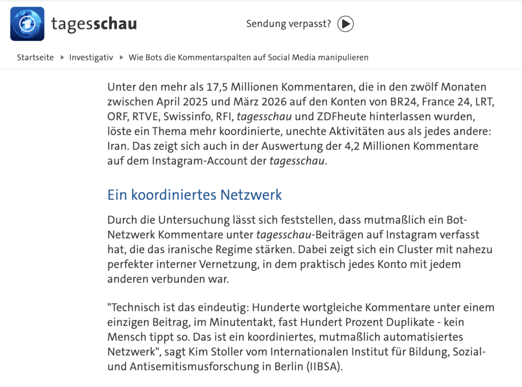 Tagesschau-Artikel über koordinierte Bot-Kommentare auf Social Media mit der Überschrift Ein koordiniertes Netzwerk