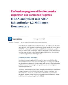 Screenshot eines Tagesschau-Artikels über Einflusskampagne und Bot-Netzwerke zugunsten des iranischen Regimes