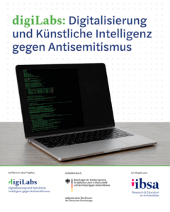 Plakat zu digiLabs: Digitalisierung und Künstliche Intelligenz gegen Antisemitismus, mit Laptop und Projektlogos