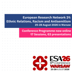 Poster für die ESA26-Konferenz in Warschau mit Hinweis auf ein Online-Programm und Sitzungen